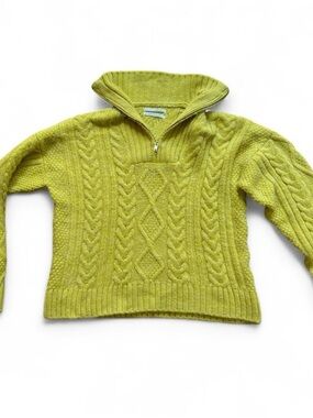 Anthropologie Lime Green Cable-Knit Half-Zip Sweater